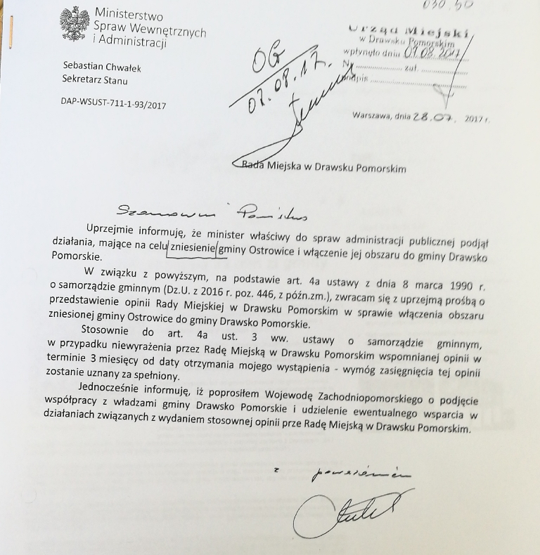 Burmistrz Tobiszewski odpowiada na depeszę w sprawie łączenia Ostrowic z Drawskiem - video