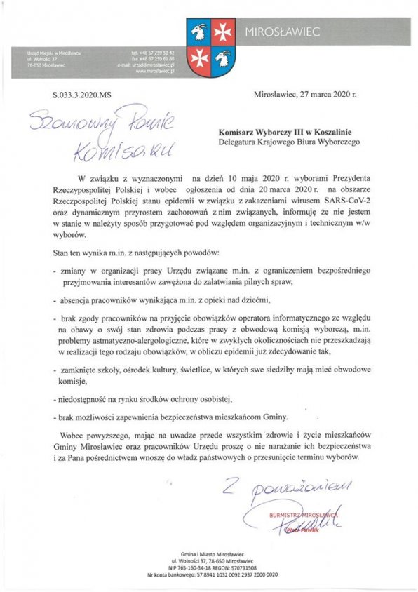 Burmistrz Mirosławca Piotr Pawlik również pisze pismo w sprawie wyborów. Ma argumenty
