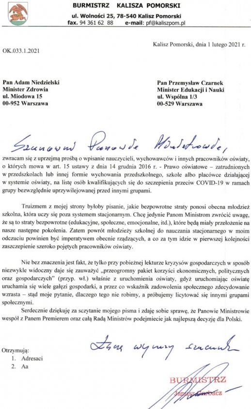 Burmistrz Kalisza Pomorskiego pisze do ministrów