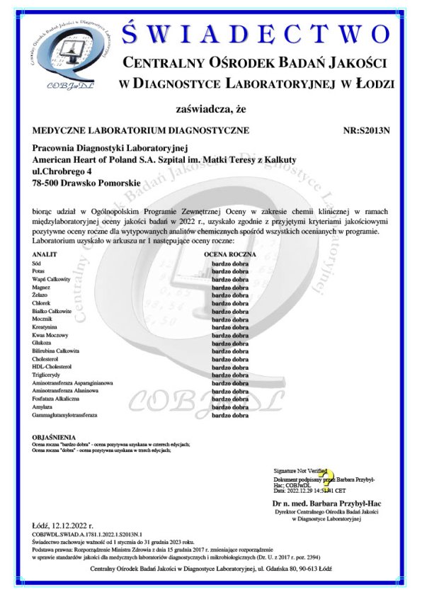 Certyfikat dla laboratorium drawskiego szpitala. Bardzo dobra ocena Centralnego Ośrodka Badań Jakości w Diagnostyce Laboratoryjnej