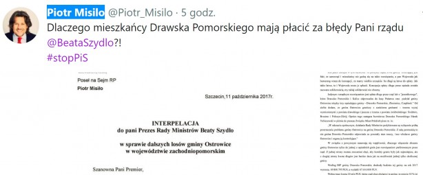 Poseł Nowoczesnej Piotr Misiło wstawia się za Drawskiem i pisze interpelację do Premier Beaty Szydło