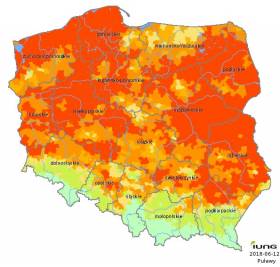 Potencjalne zasięgi suszy, Rok: 2018; okres: 03 (11.IV - 10.VI) - Zboża jare  Grafika: Państwowy Instytut Badawczy w Puławach