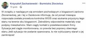 Burmistrz Zacharzewski powiadomił o kontroli biogazowni.