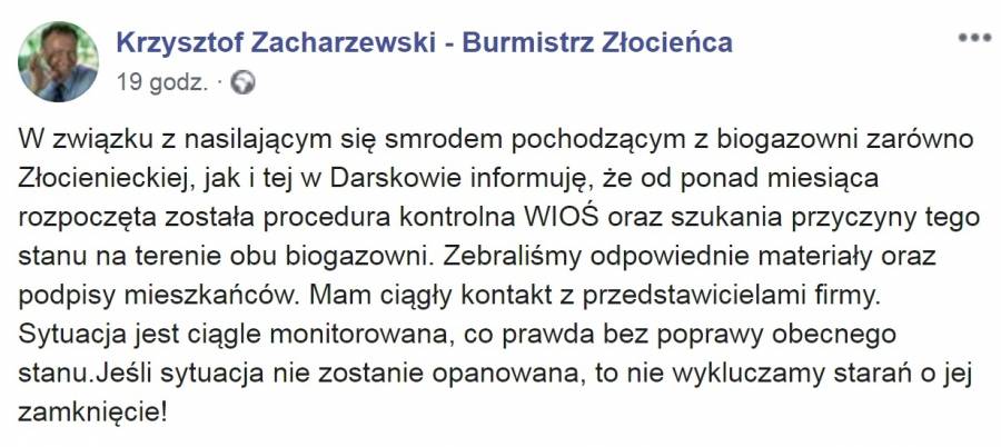 Burmistrz Zacharzewski powiadomił o kontroli biogazowni.